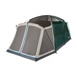Coleman Skylodge™ 12-Person Camping Tent With Screen Room, Evergreen -Outdoor camping equipment-Coleman 12P CbnCnvetnlExtrnlScrnRm EG 1 FrontAngleRight FlyOff WindowsUp