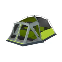 Coleman Skydome™ 4-Person Camping Tent With Screen Room, Rock Grey -Outdoor camping equipment-Coleman 4P DmScrnPrch RckGry 2 FrontAngleLeft FlyOff WindowsDown
