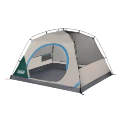 Coleman Skydome™ 4-Person Camping Tent With Full-Fly Vestibule, Evergreen -Outdoor camping equipment-Coleman 4P DmVstblFllFly Evrgrn 3 FrontAngle FlyOff DoorOpen